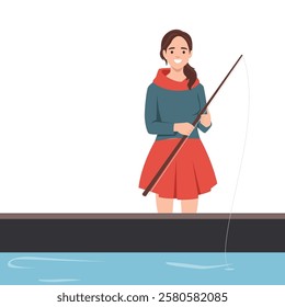 Cheerful woman with a big smile holds a fishing rod by the water. Flat vector illustration isolated on white background