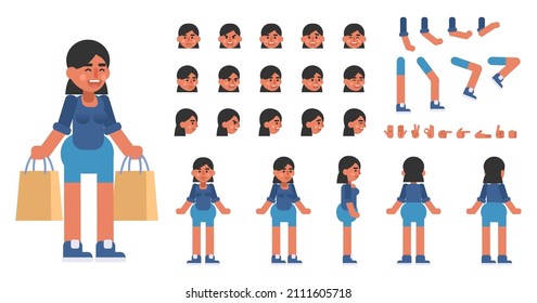 Cheerful woman in blue shorts creation kit. Create your own action, pose, animation. Modern vector illustration