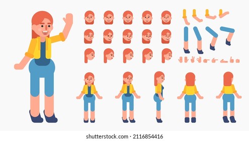 Cheerful woman in blue shorts creation kit. Create your own action, pose, animation. Modern vector illustration