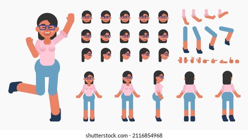 Cheerful woman in blue shorts creation kit. Create your own action, pose, animation. Modern vector illustration