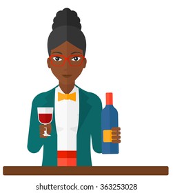Cheerful woman with bottle and glass.