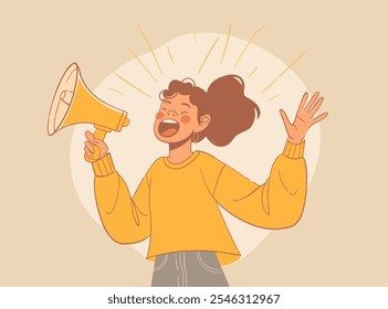 Mujer alegre con un suéter amarillo brillante sostiene con confianza un megáfono, gritando enérgicamente alegría y positividad, difundiendo sonrisas y calor, creando una atmósfera de felicidad y amor a su alrededor