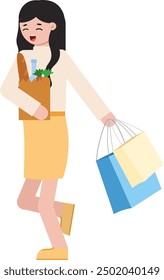 A cheerful woman carries groceries, radiating simple happiness with every step. Every item in the bag is part of today's story.