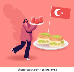 Cheerful Woman Carry Tray With Tea In Glasses Near Plate With Traditional Turkish Sweets And Turkey Flag. Tourist Visiting Oriental Restaurant, Cooking Workshop Class. Cartoon Flat Vector Illustration