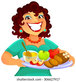 cheerful woman carrying foods for Rosh Hashanah