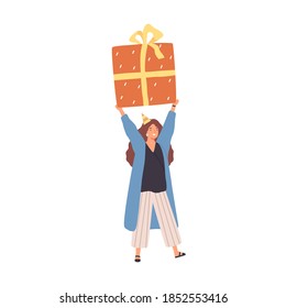 Cheerful woman carrying huge present box overhead. Female character holding big birthday gift in festive packaging. Flat vector cartoon illustration isolated on white background