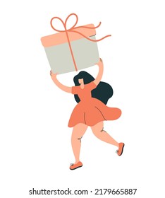 Cheerful woman carrying huge present box overhead. Female character holding big birthday gift in festive packaging. Flat vector cartoon illustration isolated on white background.