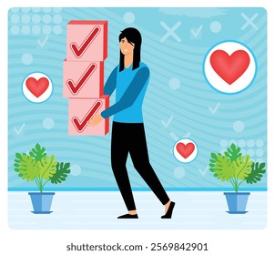 A cheerful woman carrying marked boxes, symbolizing positivity and accomplishment, surrounded by heart. Flat vector modern illustration 