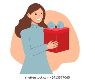 Cheerful woman carrying present box with bow. Flat vector cartoon illustration isolated on white background. Concept of birthday, women's day, valentine's day, give present.