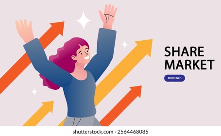 A cheerful woman celebrates business growth with a graph displaying increased profits, symbolizing financial success, investment achievements, and goal-oriented progress.