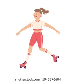 Cheerful Woman Character Dancing on Roller Skates Vector Illustration.