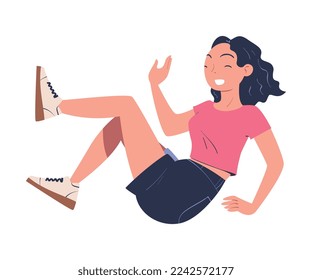 Cheerful Woman Character Jumping and Bouncing on Trampoline Vector Illustration