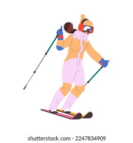 Cheerful Woman Character Skiing at Mountain Ski Resort in Winter Season Vector Illustration