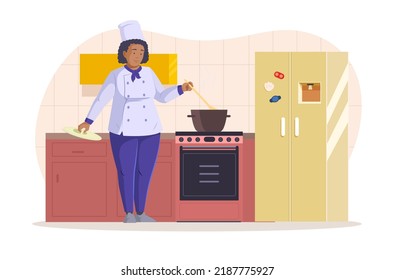 Cheerful Woman Chef Cook Character Cooking In Kitchen. Female Cook In Professional Uniform Stirring Hot Food In Saucepan On Stove. Modern Kitchen Interior Flat Vector