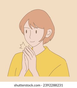Cheerful woman clapping and applauding hands. Hand drawn flat cartoon character vector illustration.
