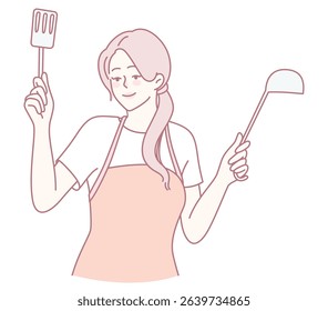 A cheerful woman in a colorful apron, holding a spatula and ladle, enjoying cooking a delightful meal