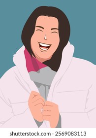 A cheerful woman is depicted in a flat or vector style illustration, wearing a winter coat and a scarf, smiling happily. The background is plain gray, which increases the focus on the subject.