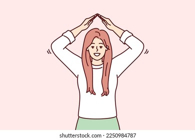 Cheerful woman depicts roof over head with hands, symbolizing security and inviolability. Positive girl stretches hands up offers to pay attention to real estate insurance services. Flat vector image