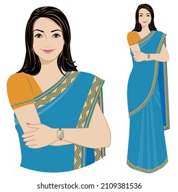 Cheerful woman dressed up in a sari isolated on a white background. Each pose in different layers.