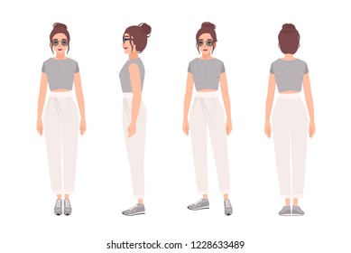 Cheerful woman dressed in stylish sportswear. Pretty girl in trendy clothes and sneakers. Female cartoon character isolated on white background. Front, side and back views. Flat vector illustration.