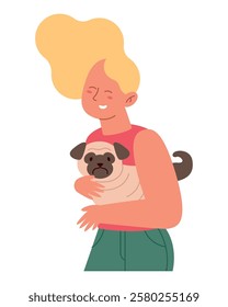 Cheerful woman embracing her adorable pug puppy with affection