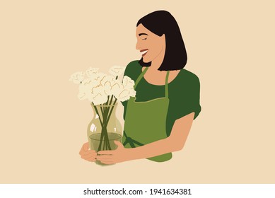 Cheerful woman woman enjoys a bouquet of white tulips in green apron. Vector illustration in flat style. Spring mood concept. Florist in working process.