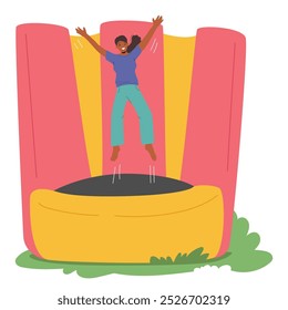 Cheerful Woman Enjoys Jumping On A Colorful Trampoline In A Fun And Playful Environment. Cartoon Vector Image Captures The Excitement And Joy Of Outdoor Activity, Highlighting Energy And Happiness