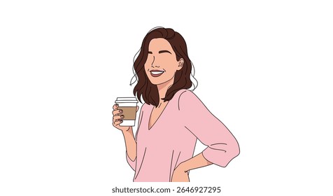 A Cheerful Woman Enjoys a Warm Beverage with a Radiant Smile and Confident Stance