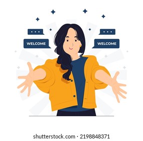 Cheerful woman gesturing welcome sign and smiling while standing extending hands towards as wanting cuddle, smiling welcoming concept illustration