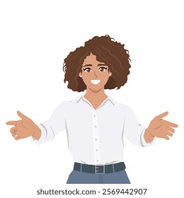 Cheerful woman gesturing welcome sign with open arms. Flat vector Character Illustration