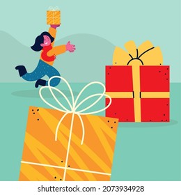 cheerful woman and gifts cartoon