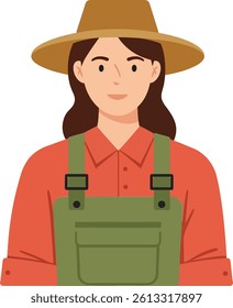 A cheerful woman in a green overall and brown hat stands confidently, embodying rural life and agricultural spirit, with a friendly smile that radiates positivity.