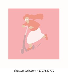 A cheerful woman in a helmet is on a scooter. A girl riding a scooter. Vector illustration in a simple flat style.