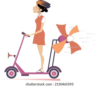 Cheerful woman in helmet rides on scooter illustration. Smiling young woman rides on an ecologically clean urban vehicle tries to ride faster using a propeller isolated on white background