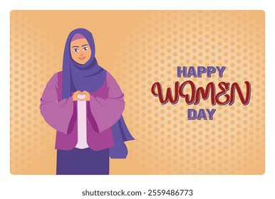 A cheerful woman in a hijab shows a heart sign with her hands. Women's Day celebration with bright typography. Women's History Month concept. Flat vector illustration.