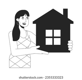 Cheerful woman holding apartment flat line black white vector character. Editable outline half body person with real estate building. Simple cartoon isolated spot illustration for web graphic design