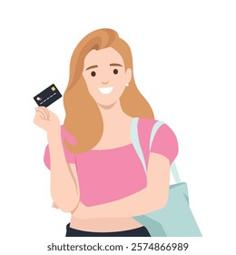 Cheerful woman holding a credit card while carrying a tote bag. Flat vector illustration isolated on white background