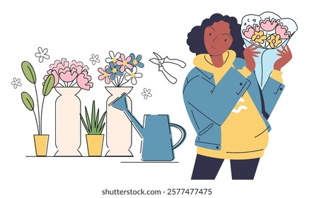 A cheerful woman holding a flower bouquet, surrounded by potted plants, vases, and gardening tools on a white background. Concept of gardening joy. Flat line art vector illustration