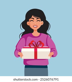 
Cheerful Woman Holding a Gift Box Vector Character. Joyful festive lady celebrating with a present box 

