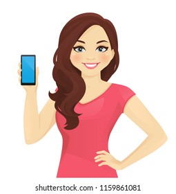 Cheerful woman holding phone witn blank screen vector illustration