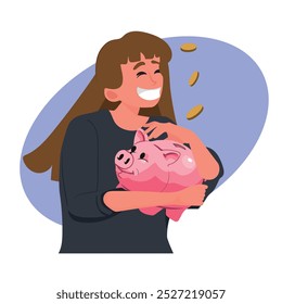 Cheerful Woman Holding a Piggy Bank Saving Money Vector Cartoon. Happy millennial girl putting aside cash for future retirement.