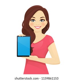 Cheerful woman holding tablet witn blank screen vector illustration