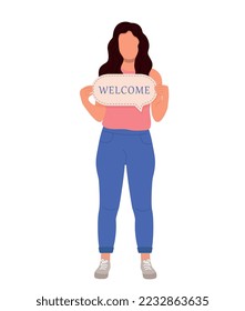 Cheerful woman holding welcome sign and smiling while standing. You are welcome. Flat graphic vector illustration isolated on white background