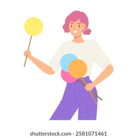 Cheerful woman holds blank circle stick signs isolated on white background. Concept of selection, choosing, making decision, choices, options. Flat vector illustration.