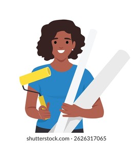 Mulher alegre segura um rolo de tinta e planos arquitetônicos, projeto de renovação da casa. Ilustração de vetor plano isolada no plano de fundo branco