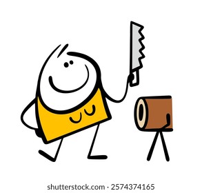 Cheerful woman holds a saw at a sawmill. Vector illustration of beautiful young girl sawing a tree and a round log. Isolated female cartoon character on white background.