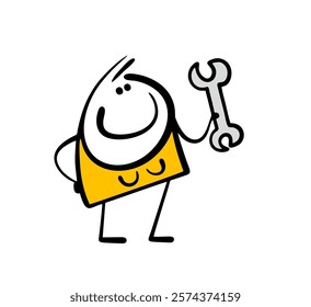 Cheerful woman holds a wrench in her hand and is about to fix a car. Vector illustration of a girl doing a mans job. Isolated female cartoon character on white background.