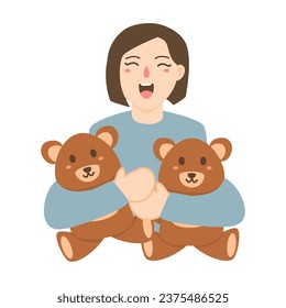 cheerful woman hugging plush toys