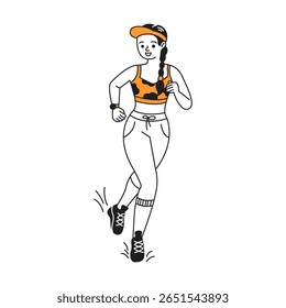 Cheerful woman jogging in casual activewear. She is focused and determined. Illustrated in a minimalist style. Bright colors make the scene lively.