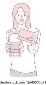 A cheerful woman is joyfully displaying a mobile payment device, along with a credit card held in her hand